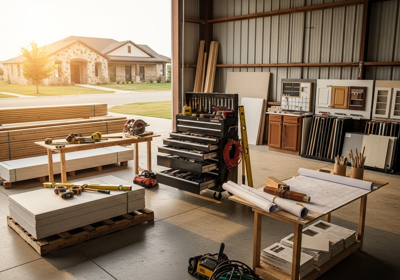 Construction crew and tools ready for a remodeling project. Professional equipment and workspace setup.
