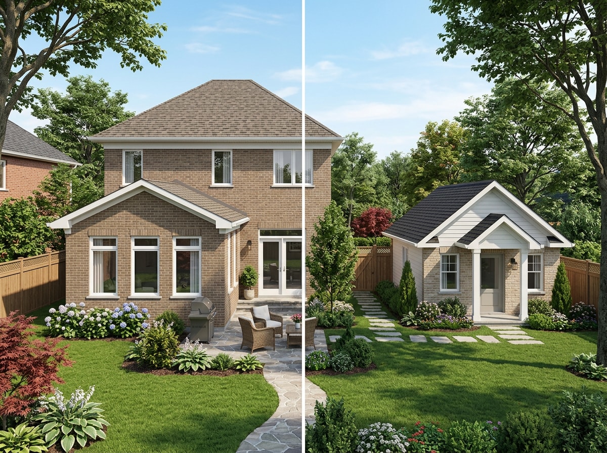 Comparison of an attached room addition versus a detached backyard guest house in a Frisco, TX backyard