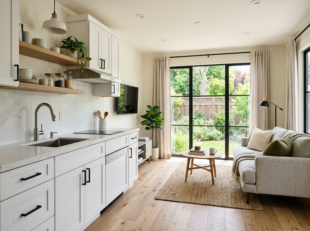 Interior of a detached casita ADU with kitchenette and living space in a Frisco, TX backyard
