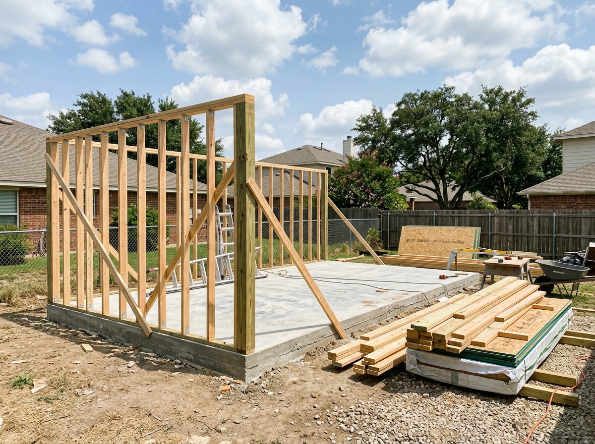 Construction timeline of a backyard ADU build in Frisco, TX from foundation to finished guest house