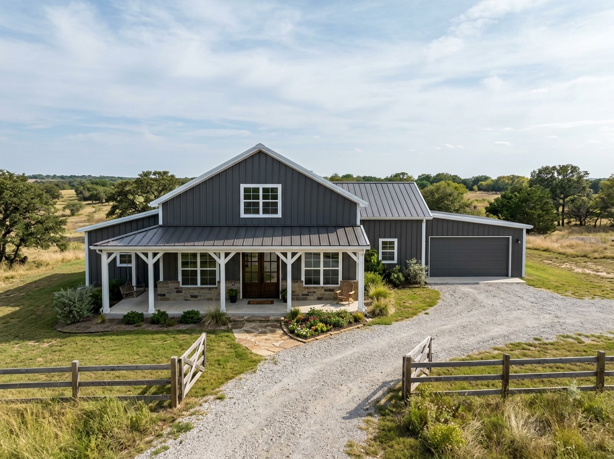 Finished barndominium home exterior in North Texas with metal siding and covered porch