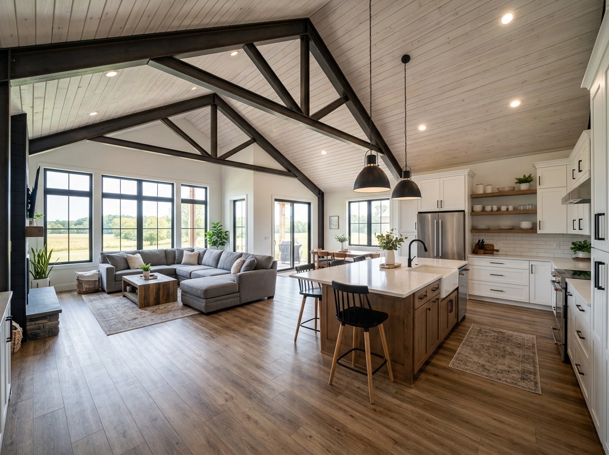 Interior finish-out of a barndominium showing open-concept living space and kitchen