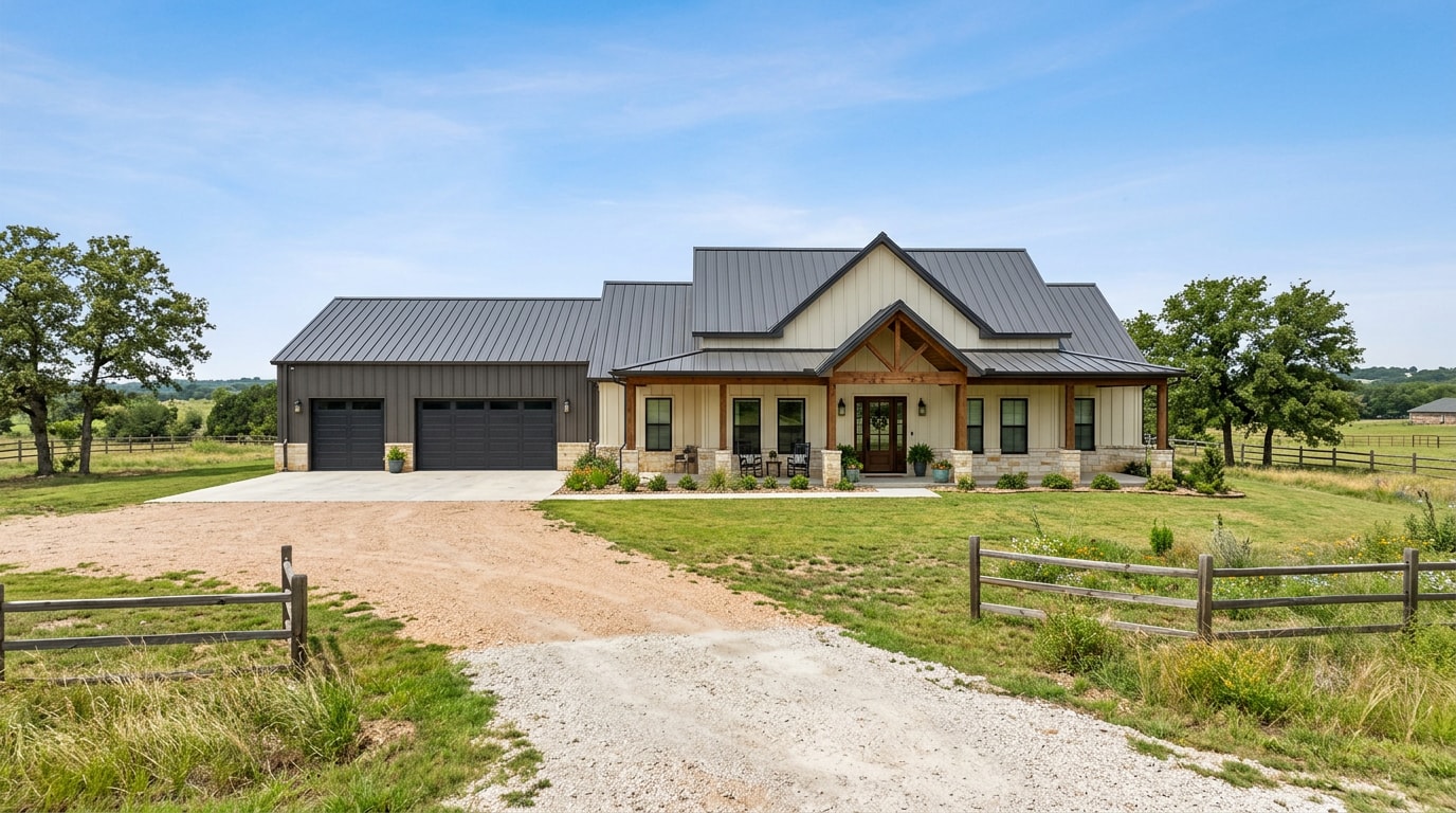 Modern barndominium home exterior with metal roof and covered porch in North Texas