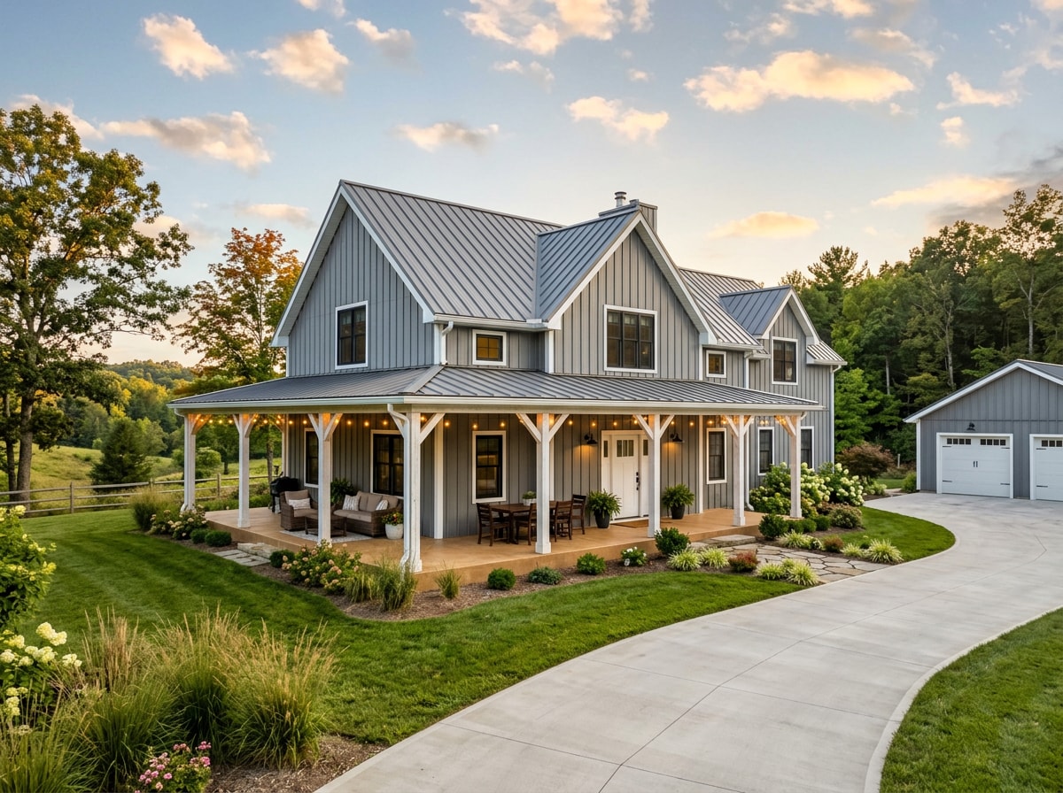 Finished barndominium home exterior with metal siding and covered porch near McKinney, TX