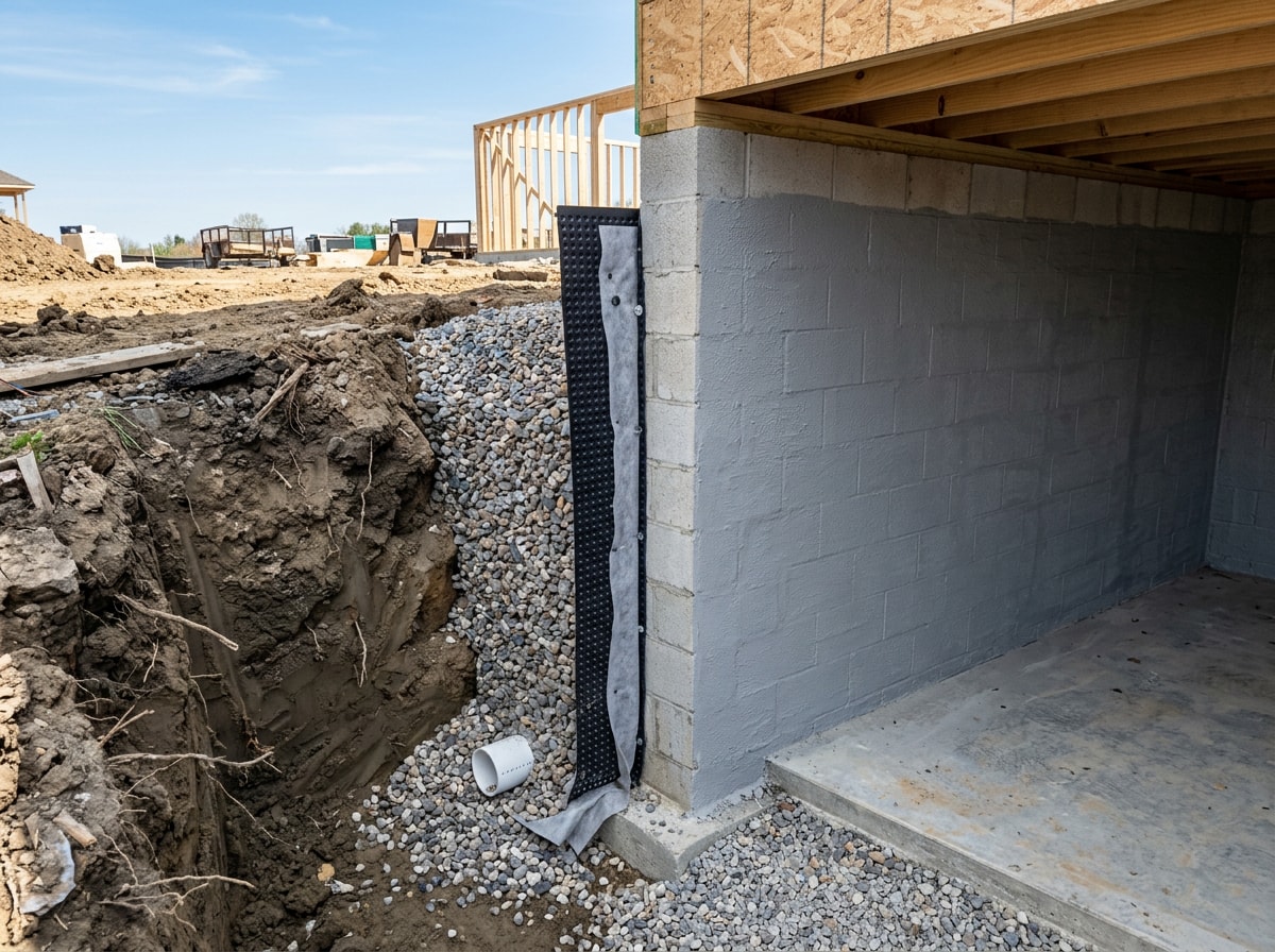 Interior and exterior basement waterproofing drainage system on a North Texas home foundation