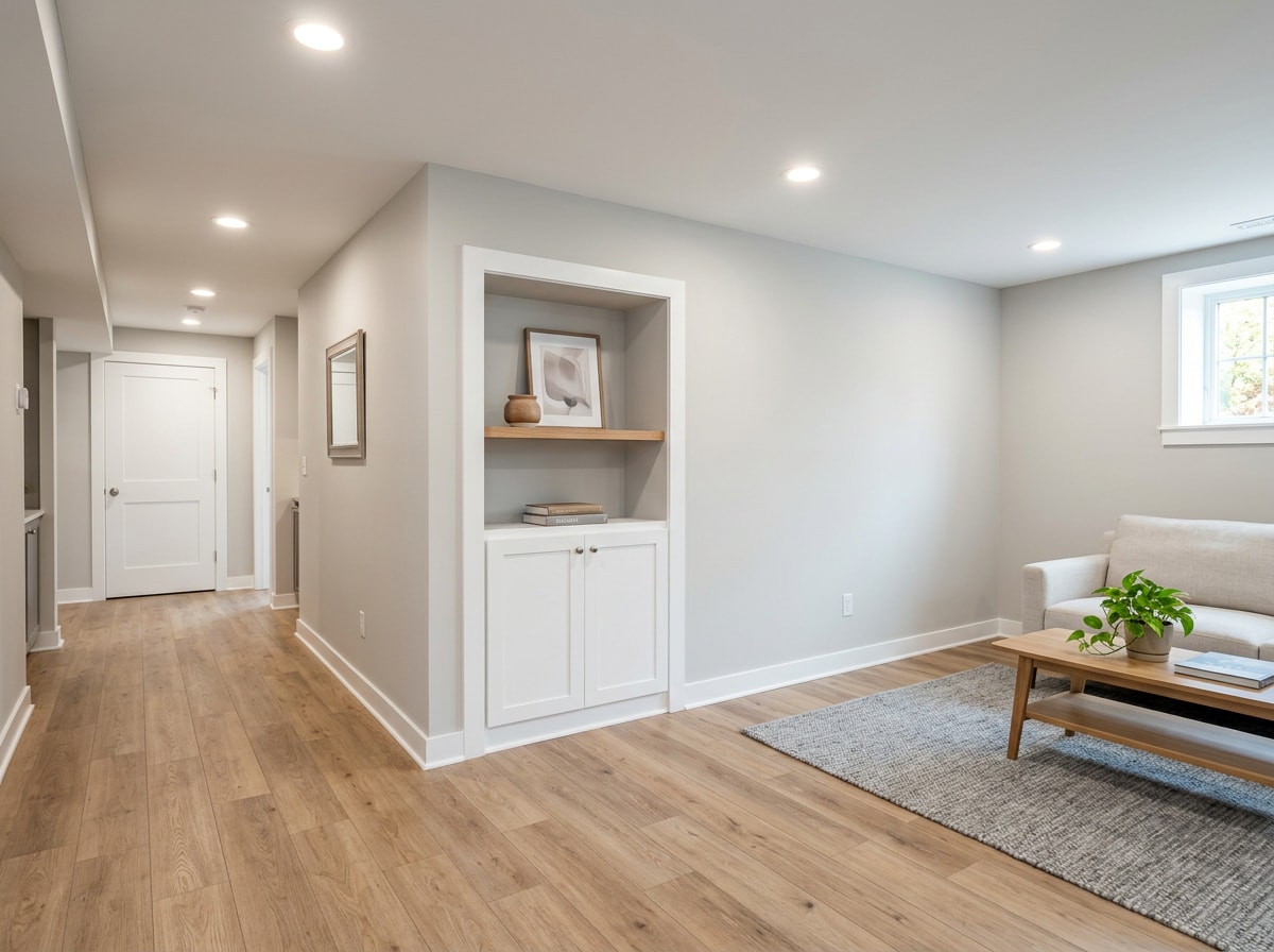 Finished basement remodel with framed walls and recessed lighting in a Prosper, TX home