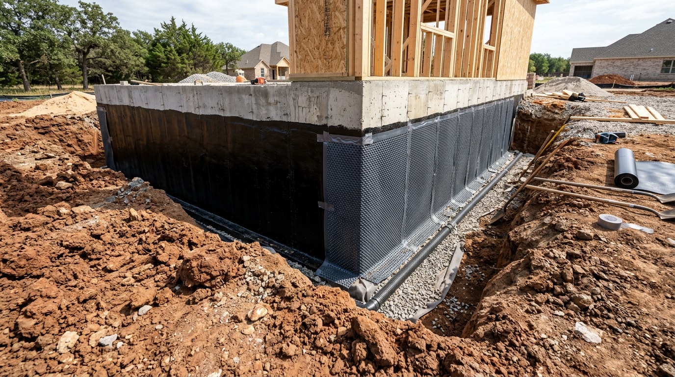 Basement foundation wall with waterproofing membrane and drainage board installed at a Prosper, TX construction site