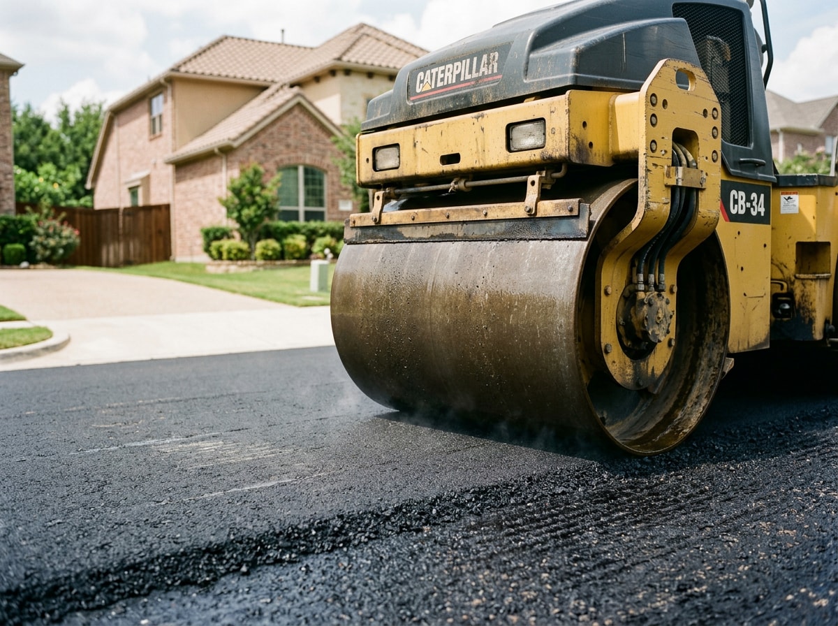Asphalt roller compacting a freshly paved driveway in Dallas, TX