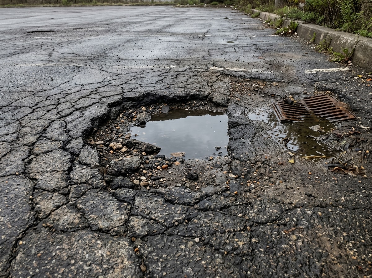 Cracked asphalt parking lot showing drainage-related pavement failure in Dallas, TX