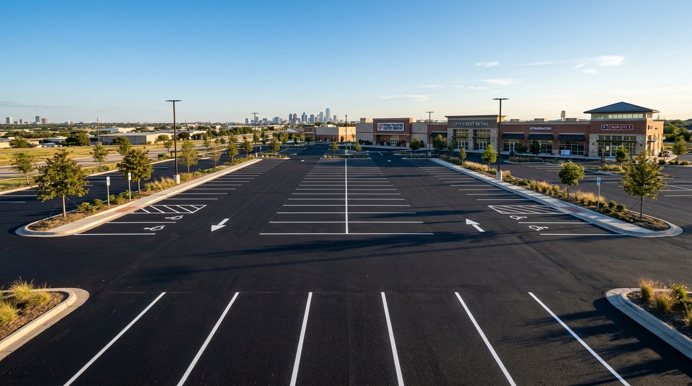 Freshly paved commercial asphalt parking lot with new striping in Dallas, TX