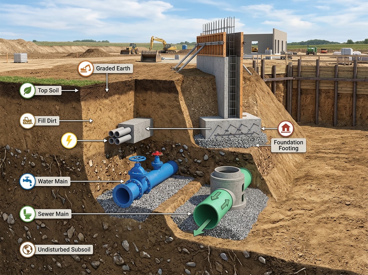 Cross-section diagram showing civil sitework sequence from earthwork to underground utilities to concrete foundations