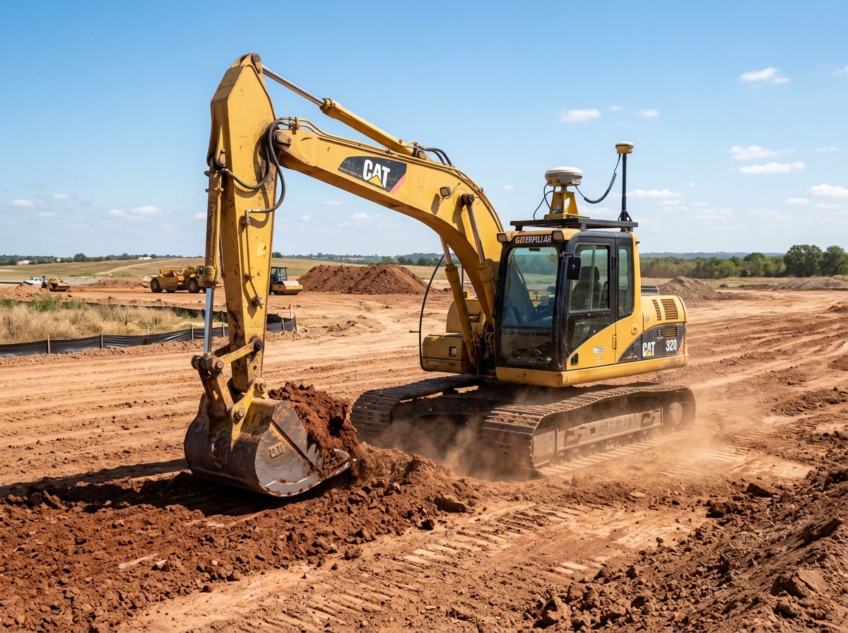 Excavator performing precision grading on a Dallas-area civil works site