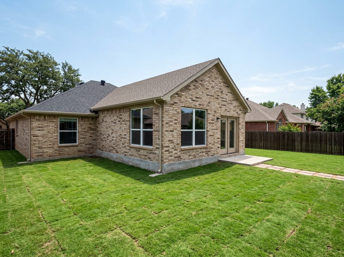 Finished residential addition showing graded yard, concrete foundation, and new construction tying into an existing home in a North Texas neighborhood
