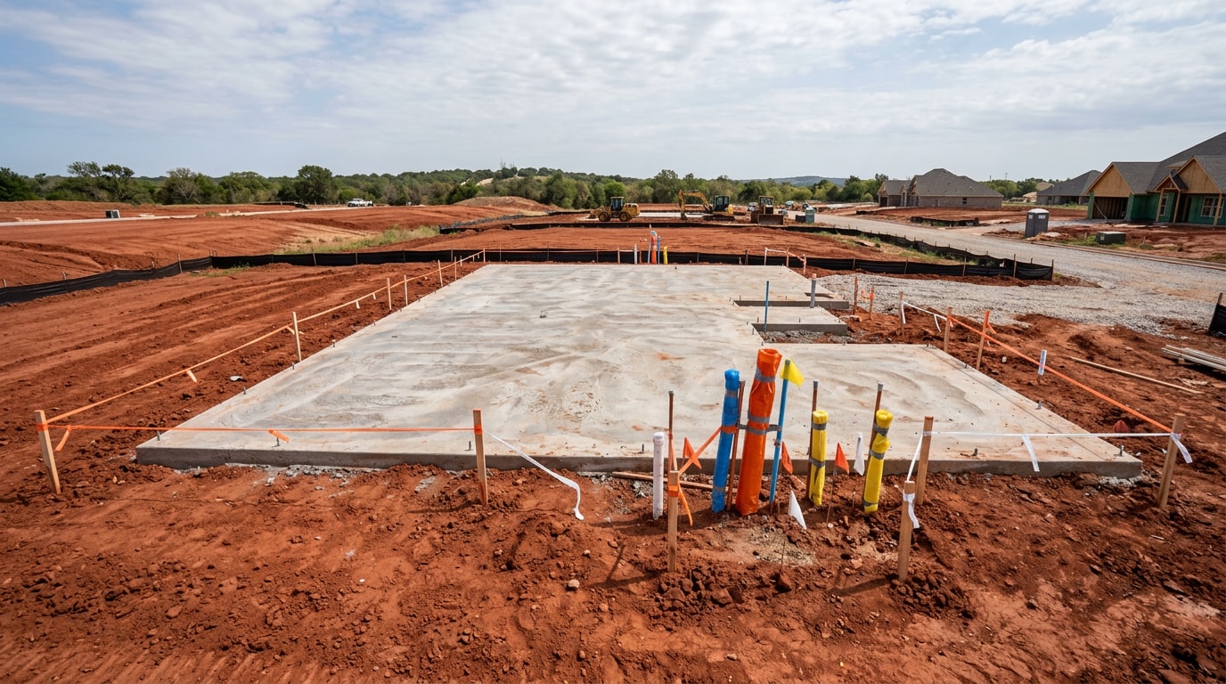 Graded residential construction site with concrete foundation and utility stub-outs in North Texas