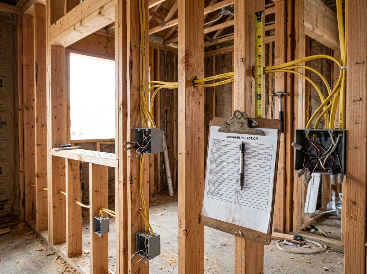 Clerk of the works inspecting framing and rough electrical on a residential construction site