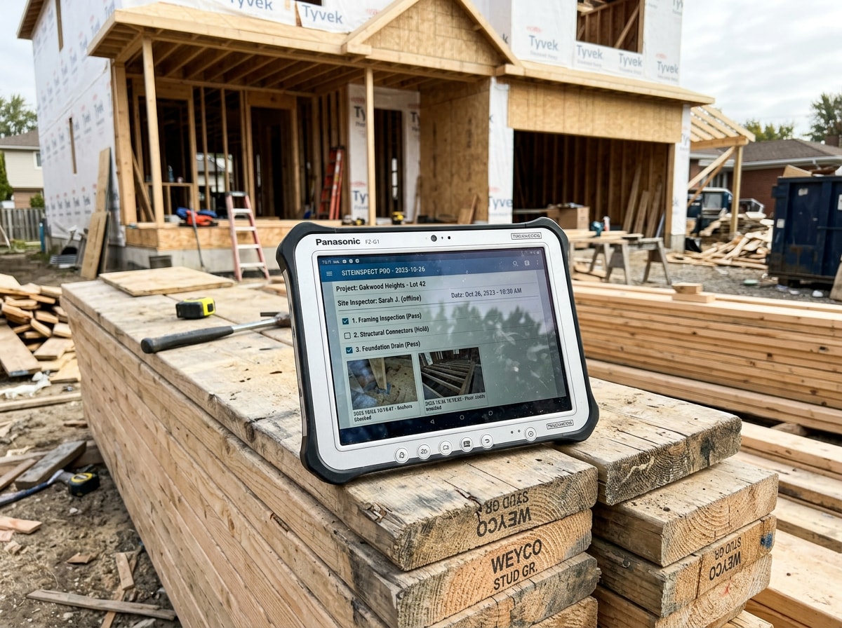 Inspector reviewing a clerk of works daily log and site photos on a tablet at a framed house