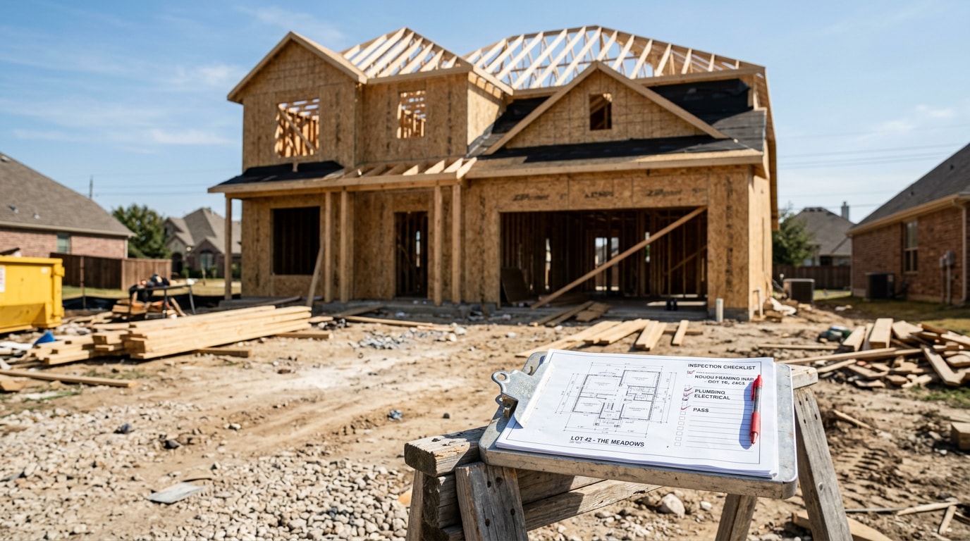 Residential construction site with blueprints and inspection checklist representing clerk of the works oversight in The Colony, TX Residential construction site with blueprints and inspection checklist representing clerk of the works oversight in The Colony, TX