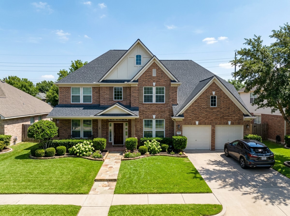 Finished two-story home addition in Frisco Texas with matching brick exterior and new roofline