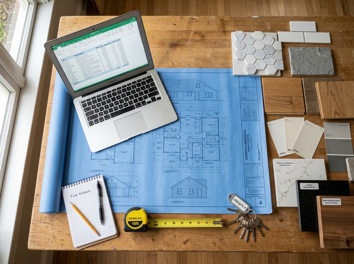 Design build consultation table with blueprints, material samples, and laptop showing project budget