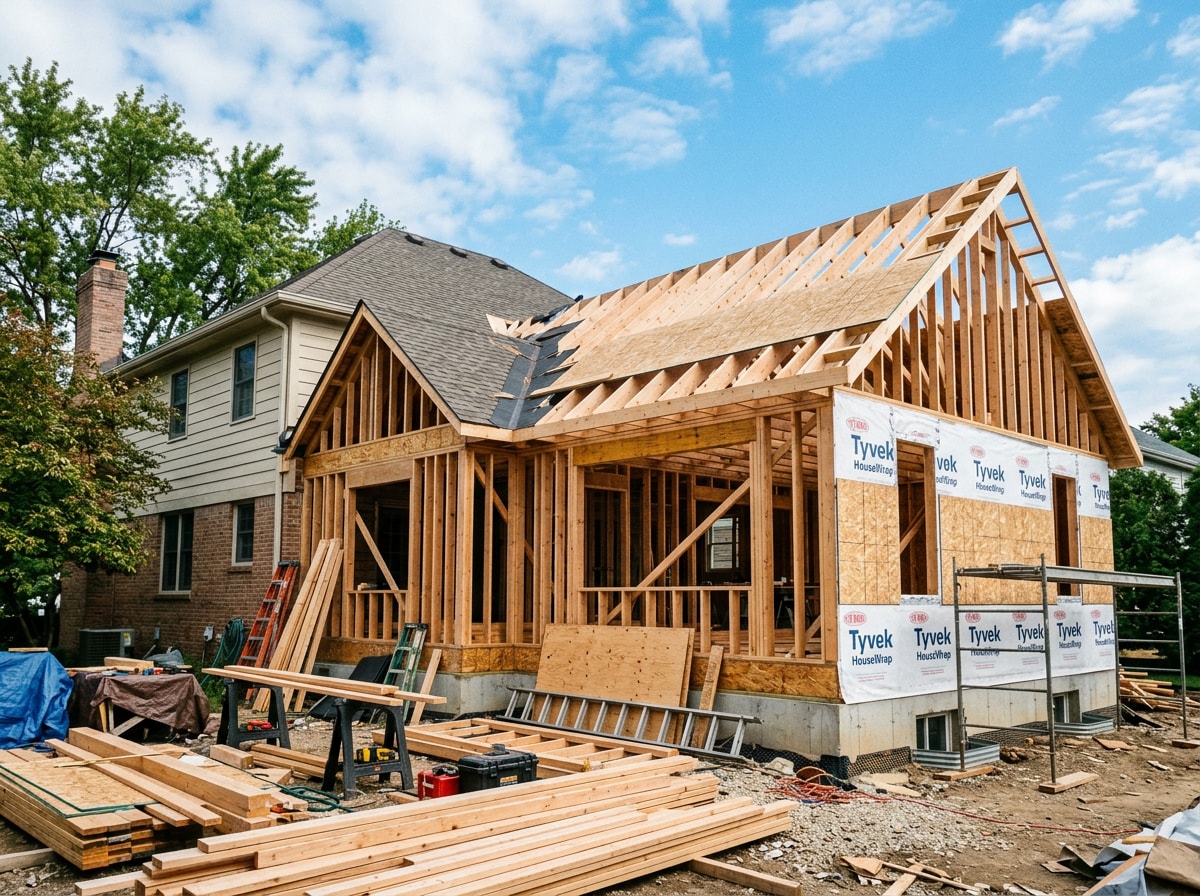 In-progress framing and roofline tie-in for a family room addition under construction