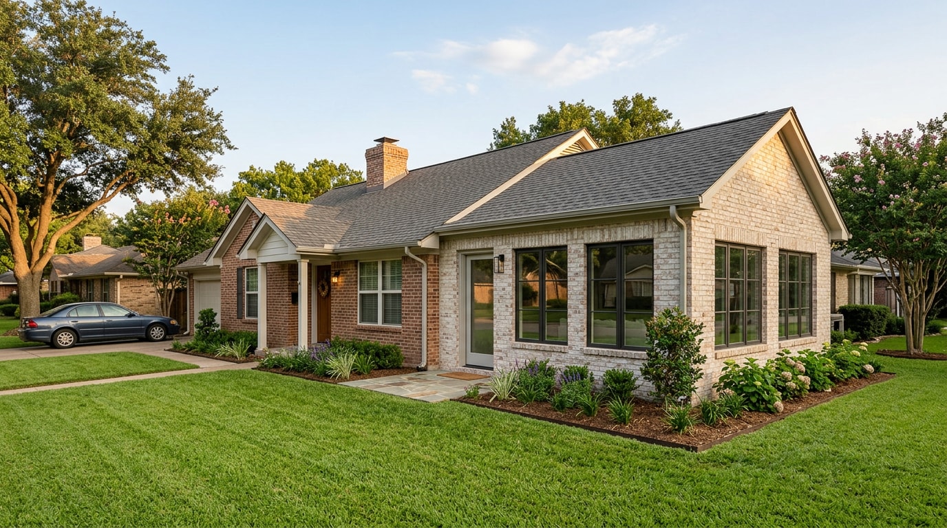 Finished family room addition on a McKinney, TX home with matched brick and large windows Finished family room addition on a McKinney, TX home with matched brick and large windows