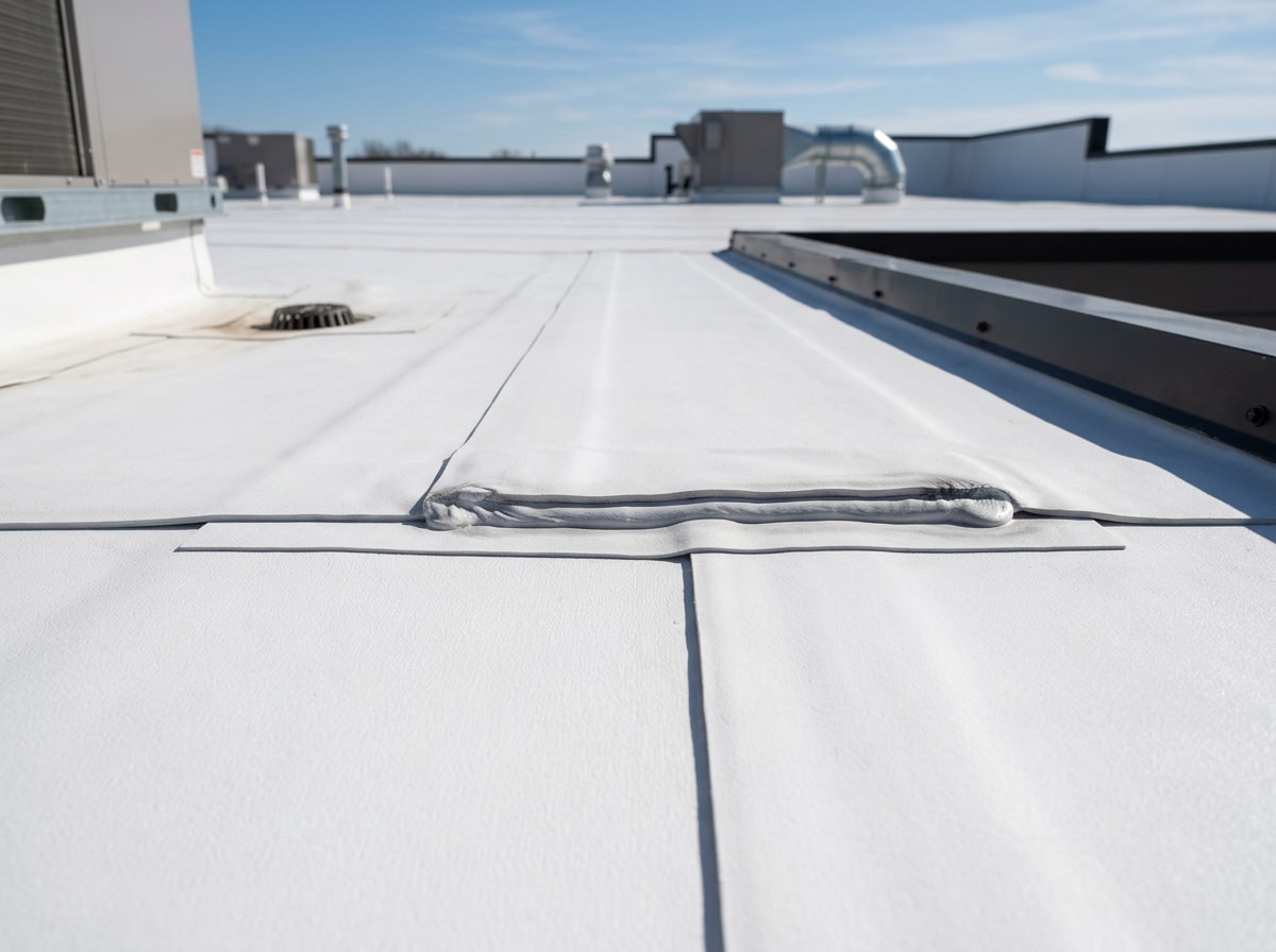 TPO membrane roof with heat-welded seams on a Dallas commercial building