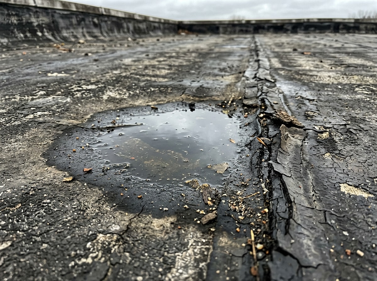 Close-up of ponding water and a cracked seam on an aging flat roof membrane