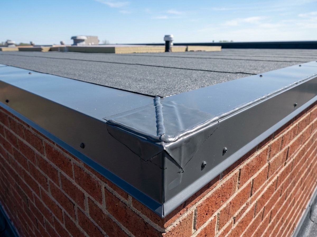 Roofing crew finishing flashing details on a commercial flat roof edge in Dallas