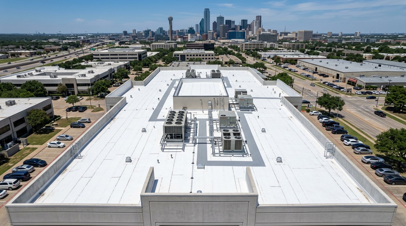 Finished TPO flat roof installation on a Dallas commercial building
