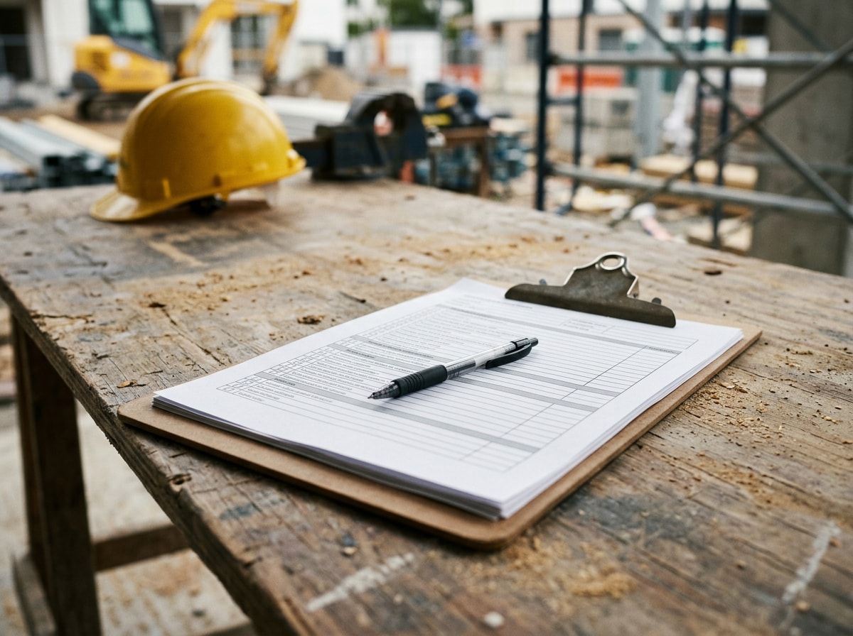 Printed vetting checklist with pen for screening home builders before hiring