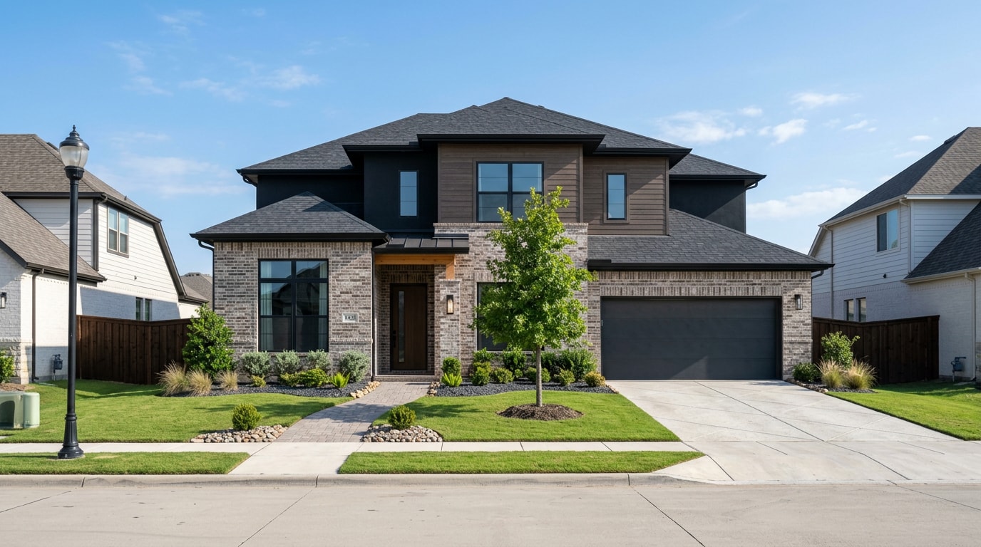 Newly built single-family home exterior in The Colony, TX suburban neighborhood Newly built single-family home exterior in The Colony, TX suburban neighborhood