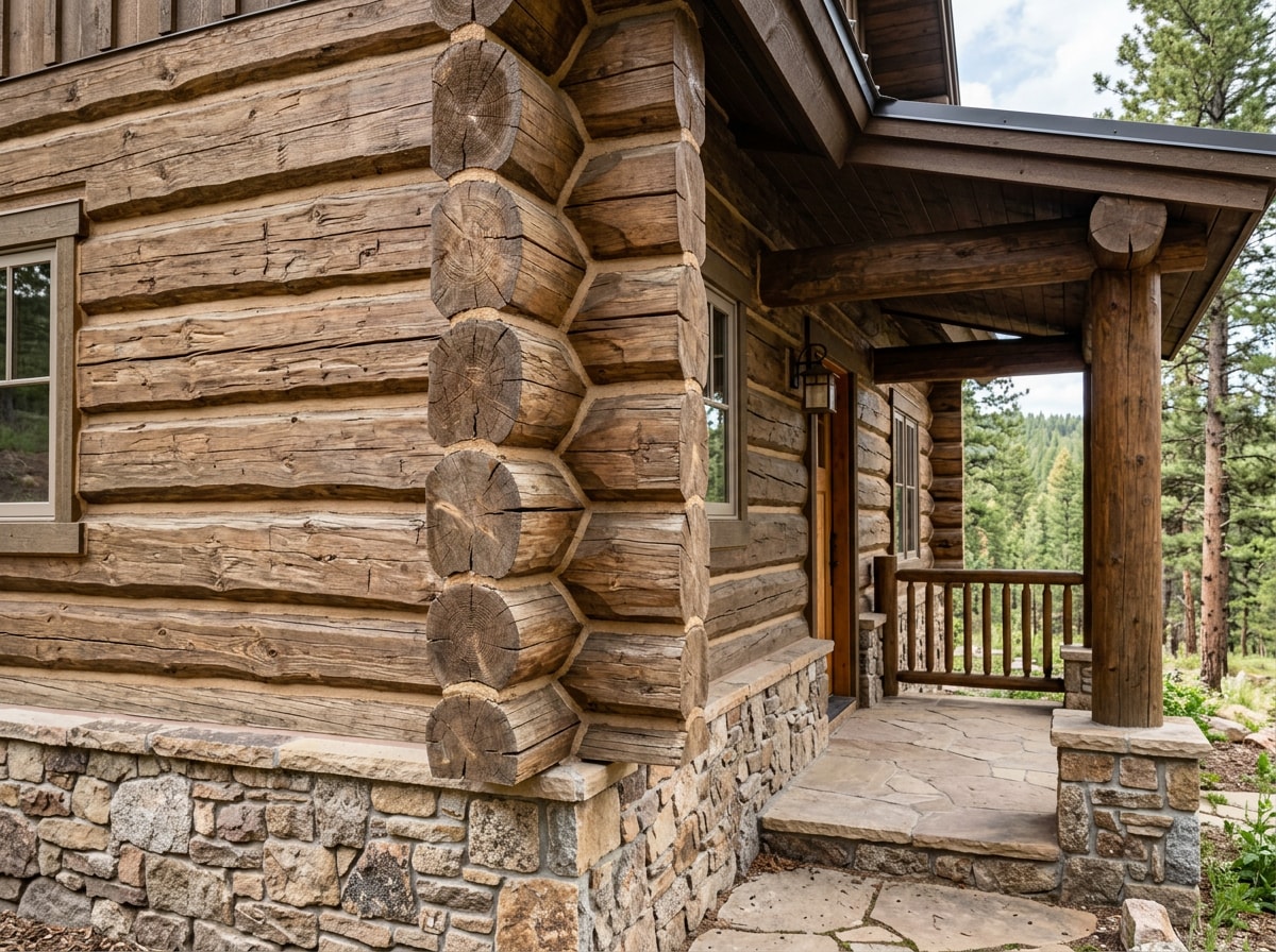 Finished custom log home exterior with stone foundation and covered front porch in North Texas