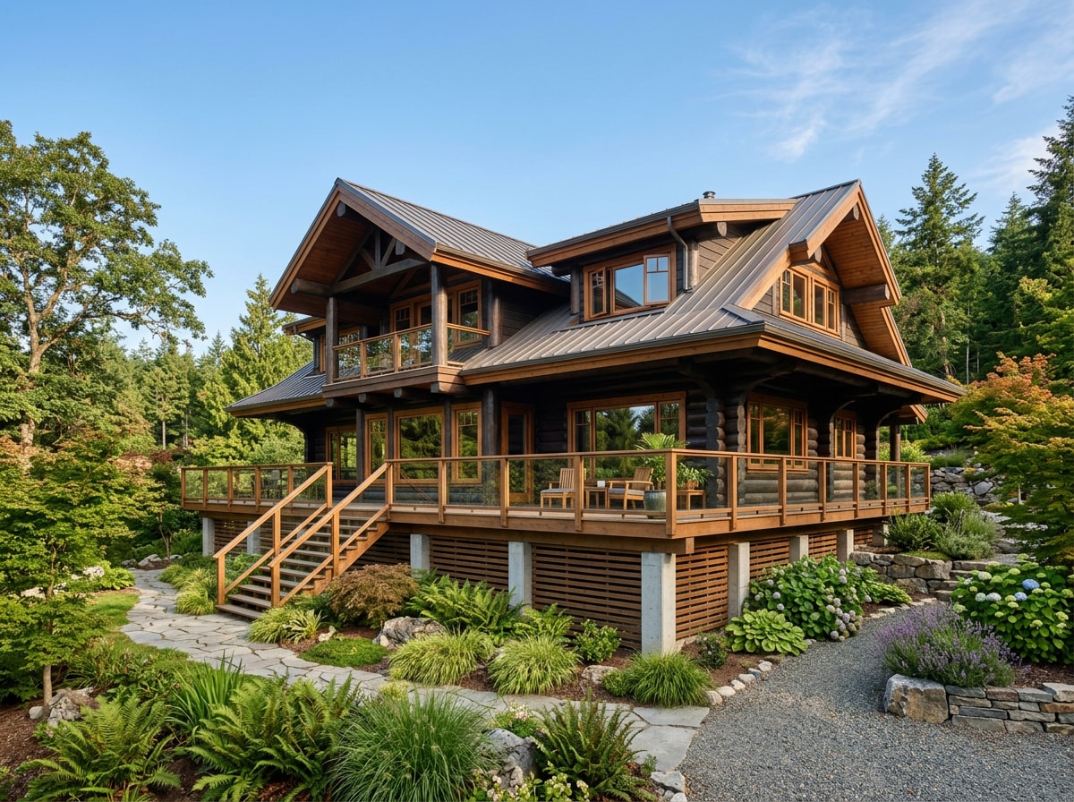 Timber and log home with wide eaves and raised foundation designed for a hot, humid climate