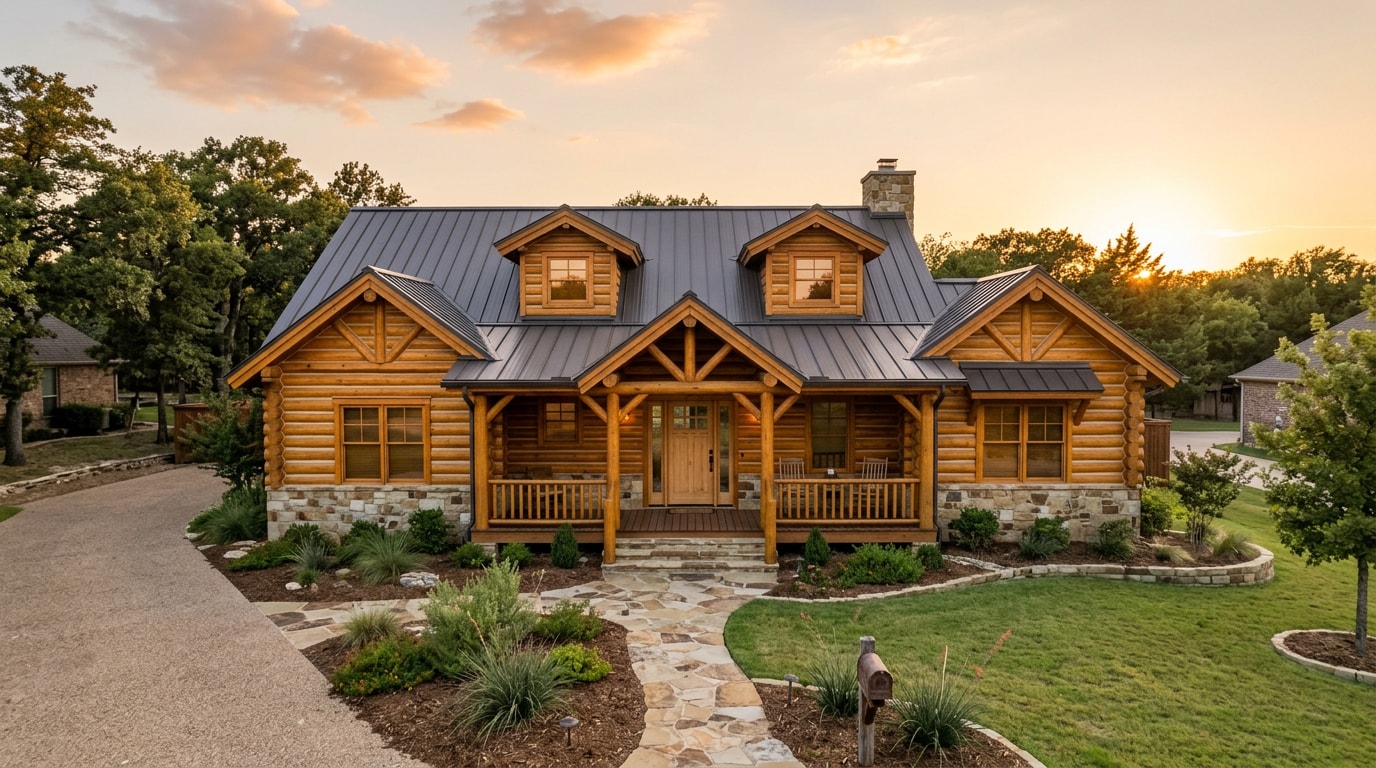 Finished log home exterior in Prosper, TX with stone foundation and covered porch