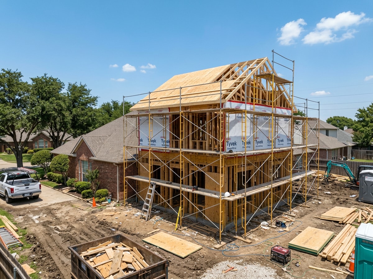 Rendering of a two-story luxury home addition under construction on a Frisco property