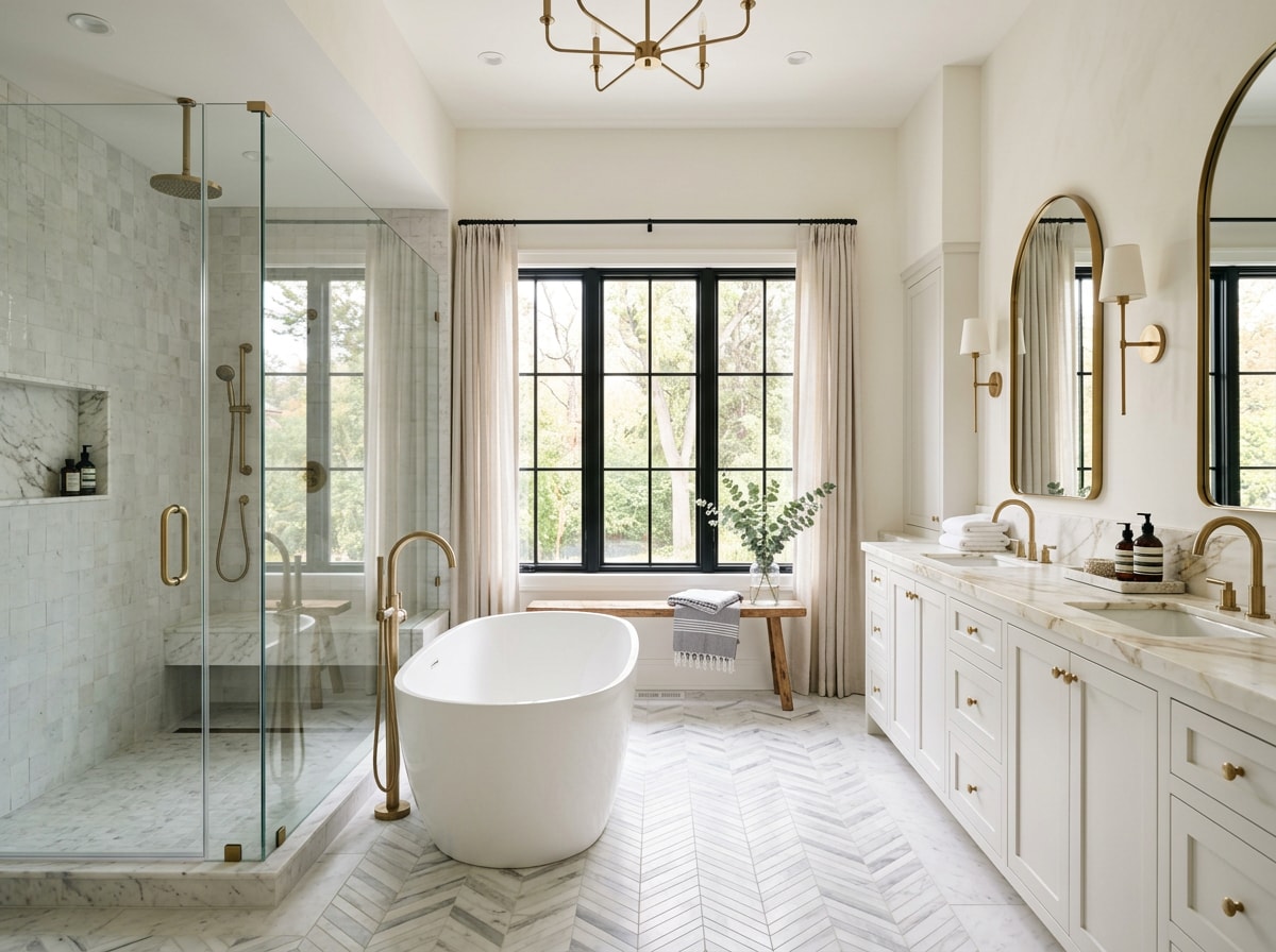 Completed luxury primary bathroom addition with freestanding tub and walk-in shower