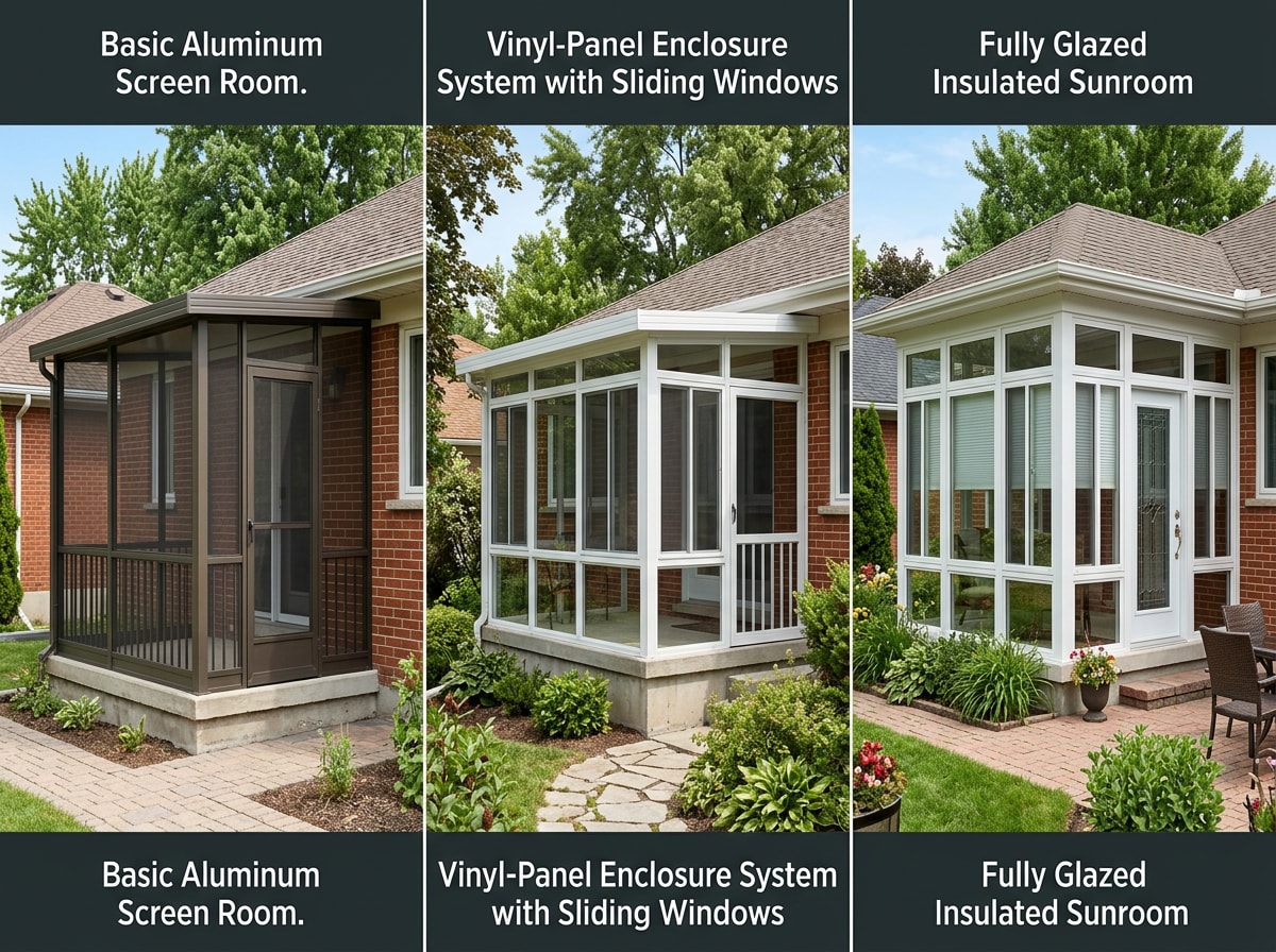 Comparison of screen room, vinyl-panel enclosure, and insulated sunroom types for a porch conversion