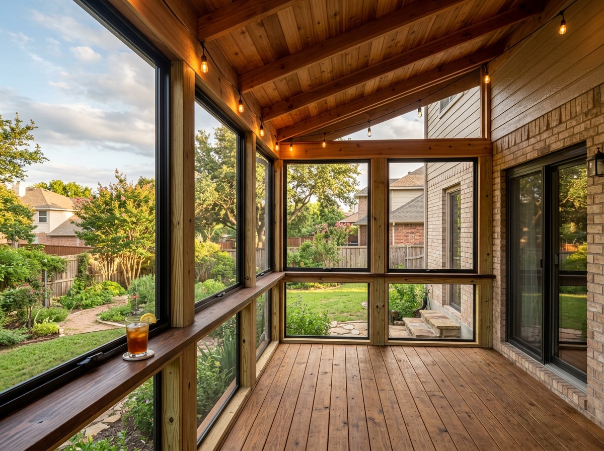 Completed porch conversion in a Plano backyard showing new windows and finished ceiling