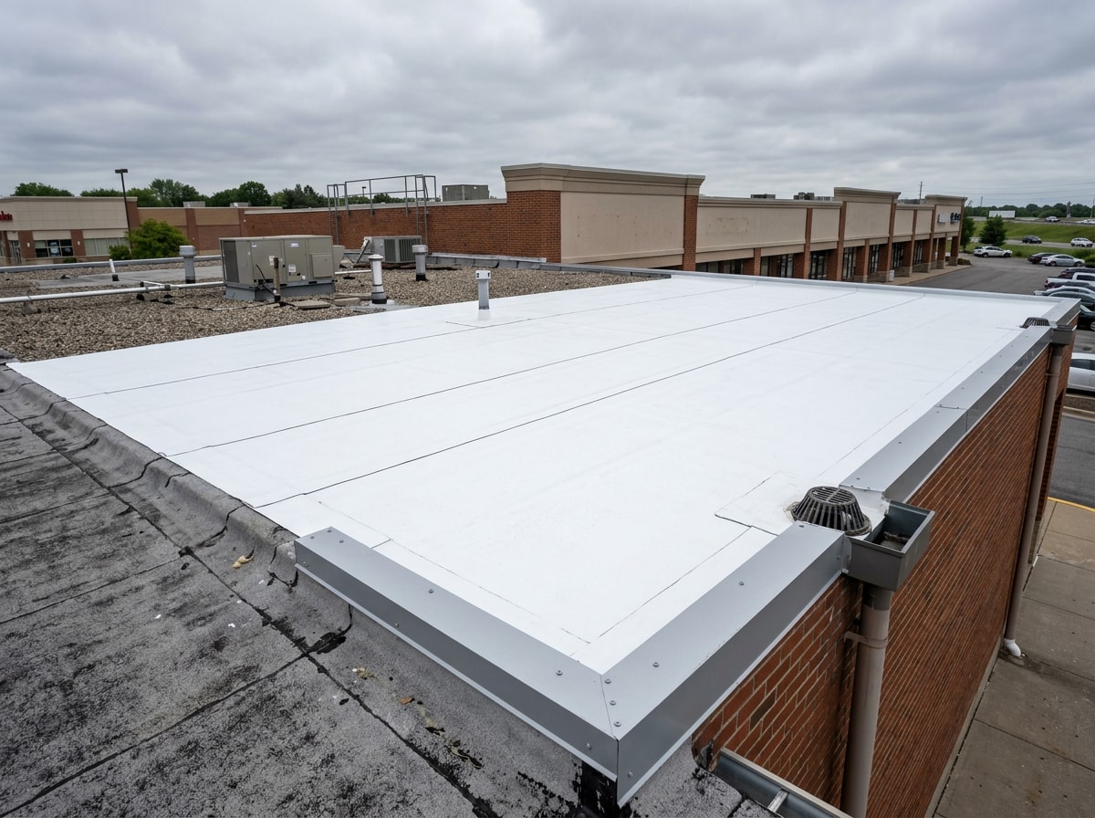 Repaired commercial roof section on a retail strip center in Allen, TX
