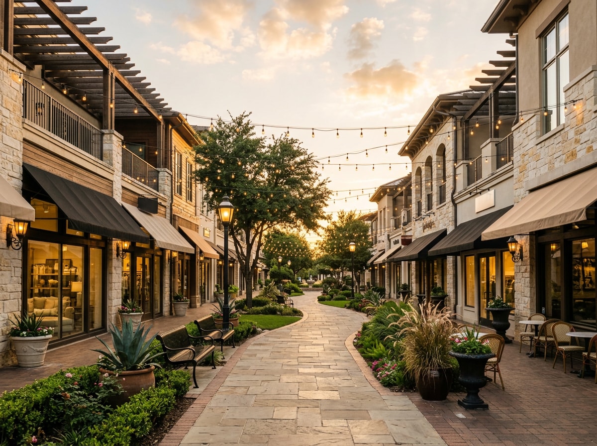 Watters Creek Village retail corridor in Allen, TX