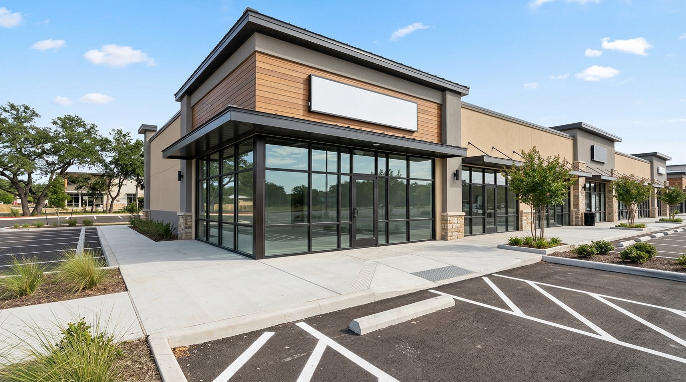 Finished retail storefront build-out in a Texas commercial strip center Finished retail storefront build-out in a Texas commercial strip center
