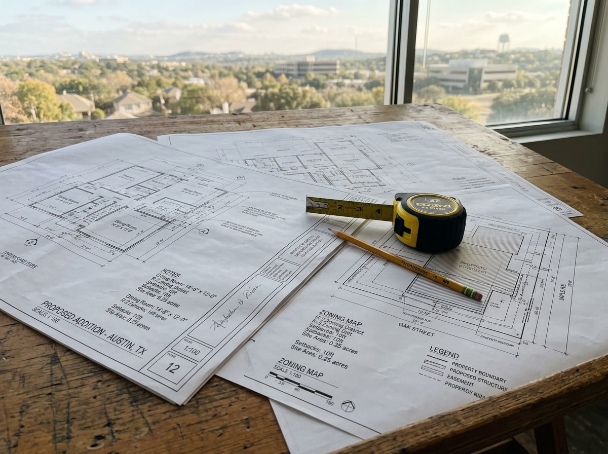 Blueprint and zoning documents spread on a table with the Allen, TX skyline visible through a window in the background