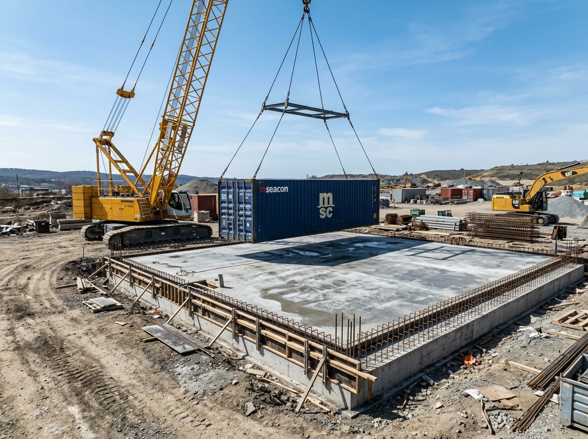 Crane lowering a steel shipping container onto a prepared concrete foundation at a residential construction site
