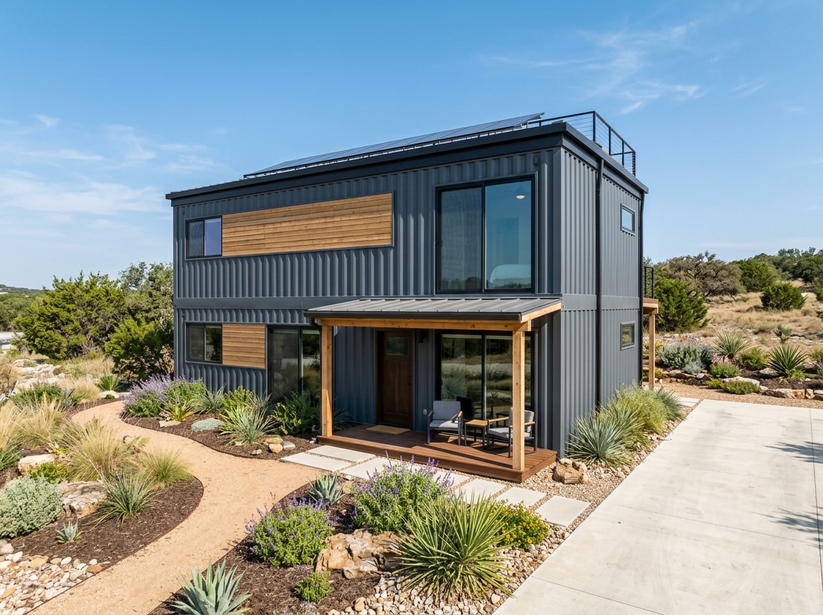 Finished shipping container home exterior with modern siding and landscaping in a North Texas residential neighborhood