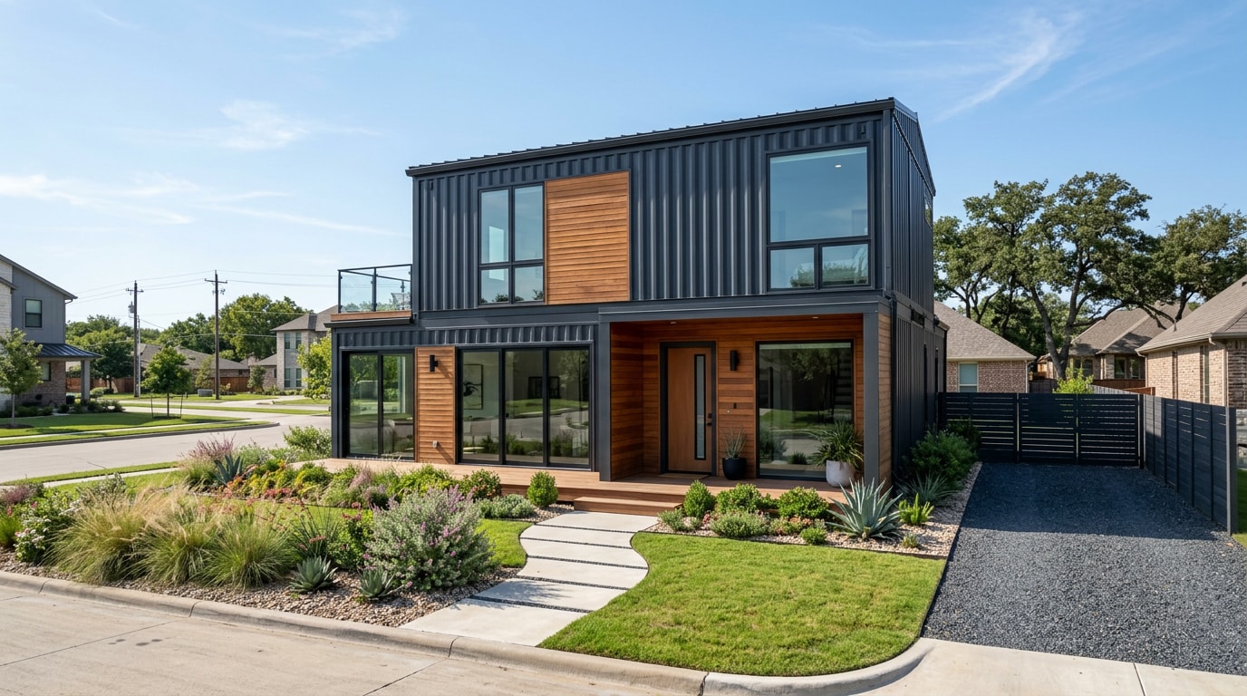 Modern finished shipping container home exterior in Allen, TX Modern finished shipping container home exterior in Allen, TX