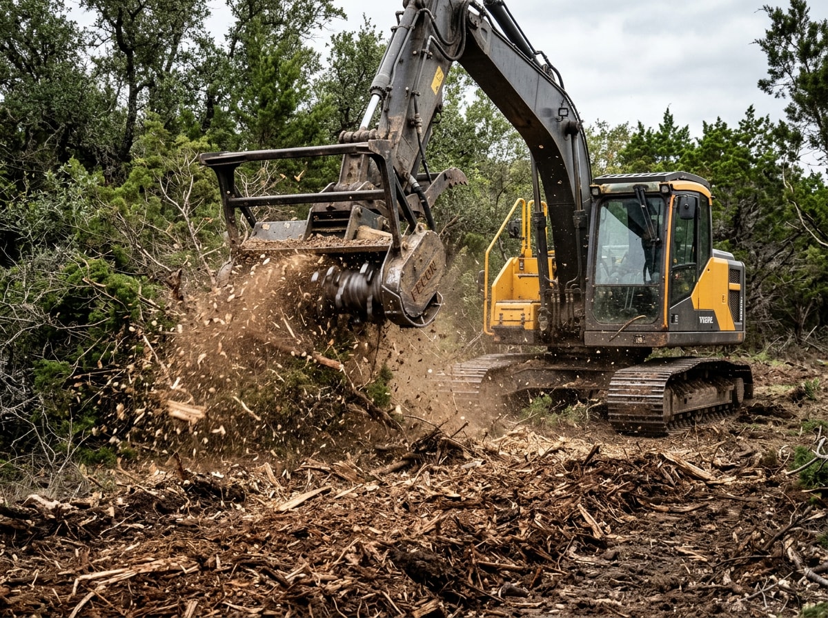 Excavator performing forestry mulching on a wooded McKinney, TX property