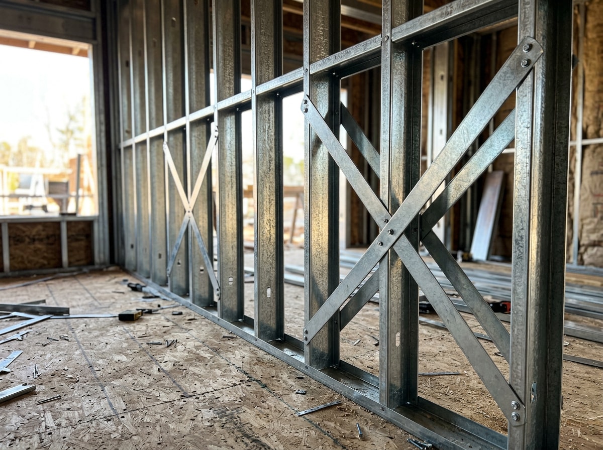 Cold-formed steel stud wall framed and braced during a Prosper, TX home addition
