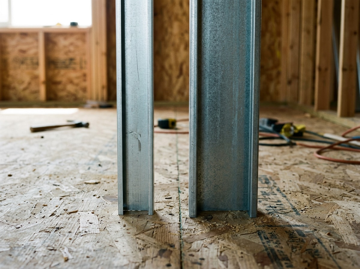 Interior comparison of light-gauge versus heavy-gauge steel studs on a framing job