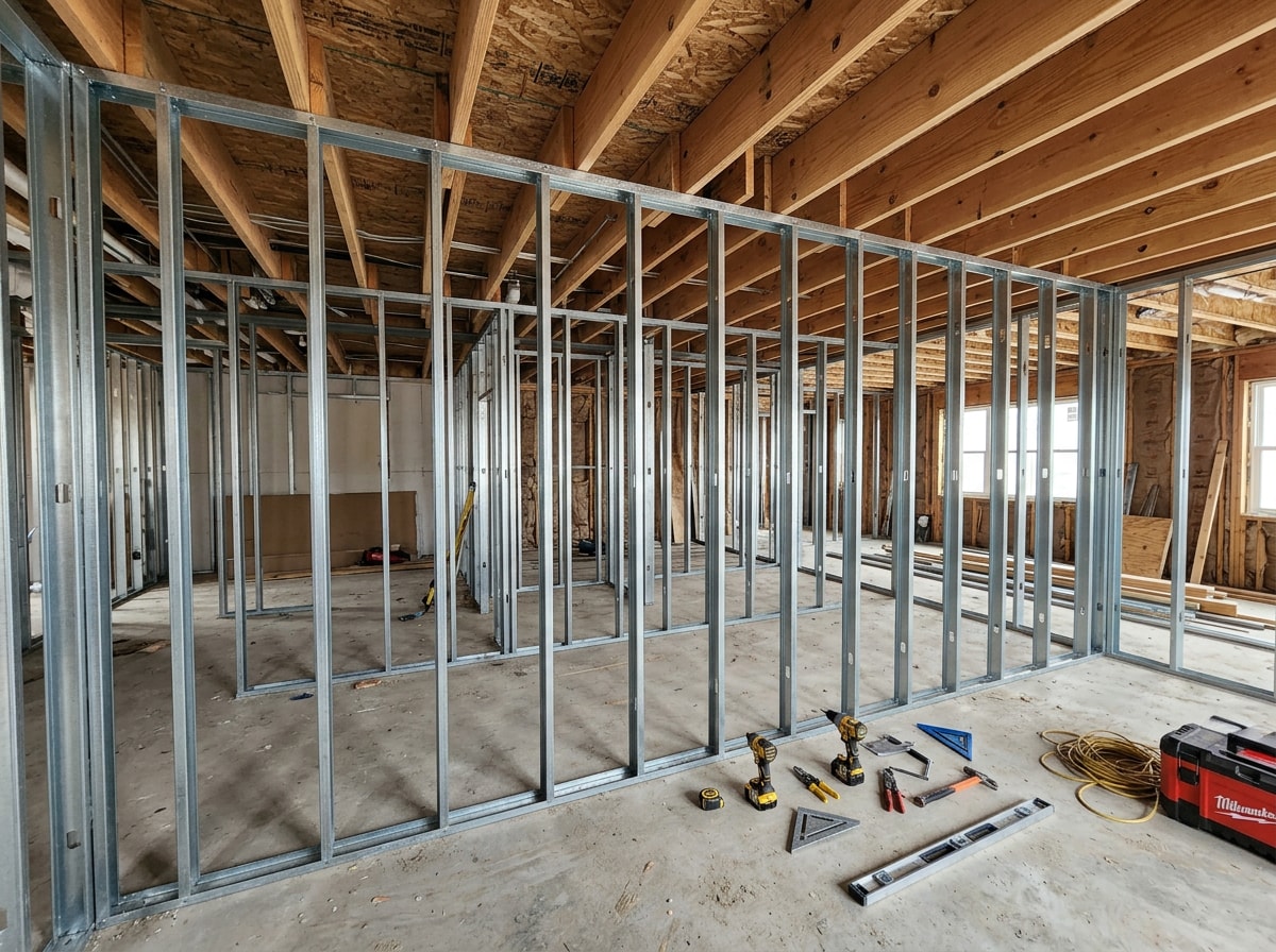 Steel framing crew securing top track before inspection on a residential job site