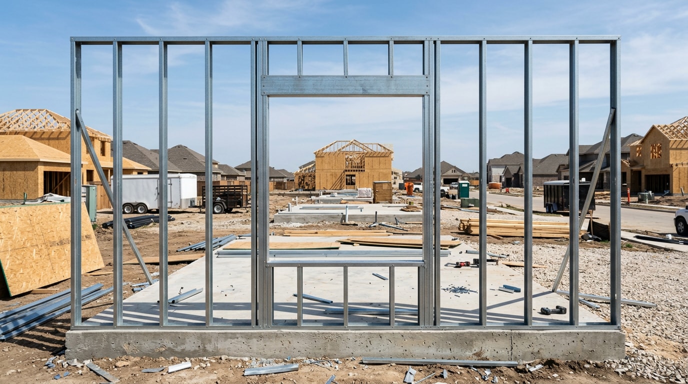 Steel stud wall framing on a residential construction site